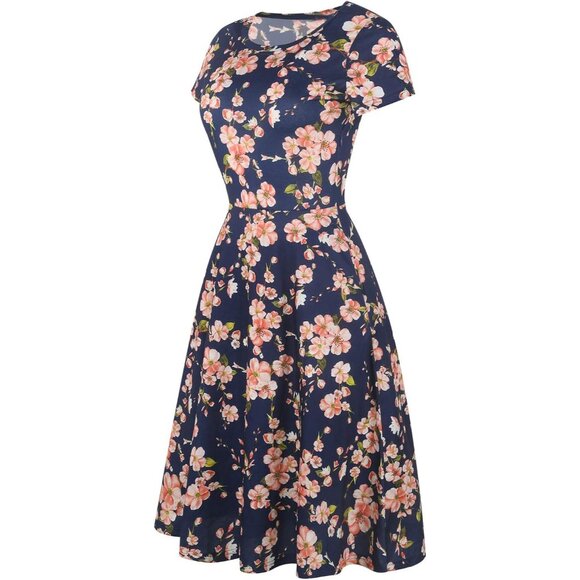 Women's Navy Elegant Knee Length Vintage A-Line Swing Dress with Pockets - Picture 6 of 6